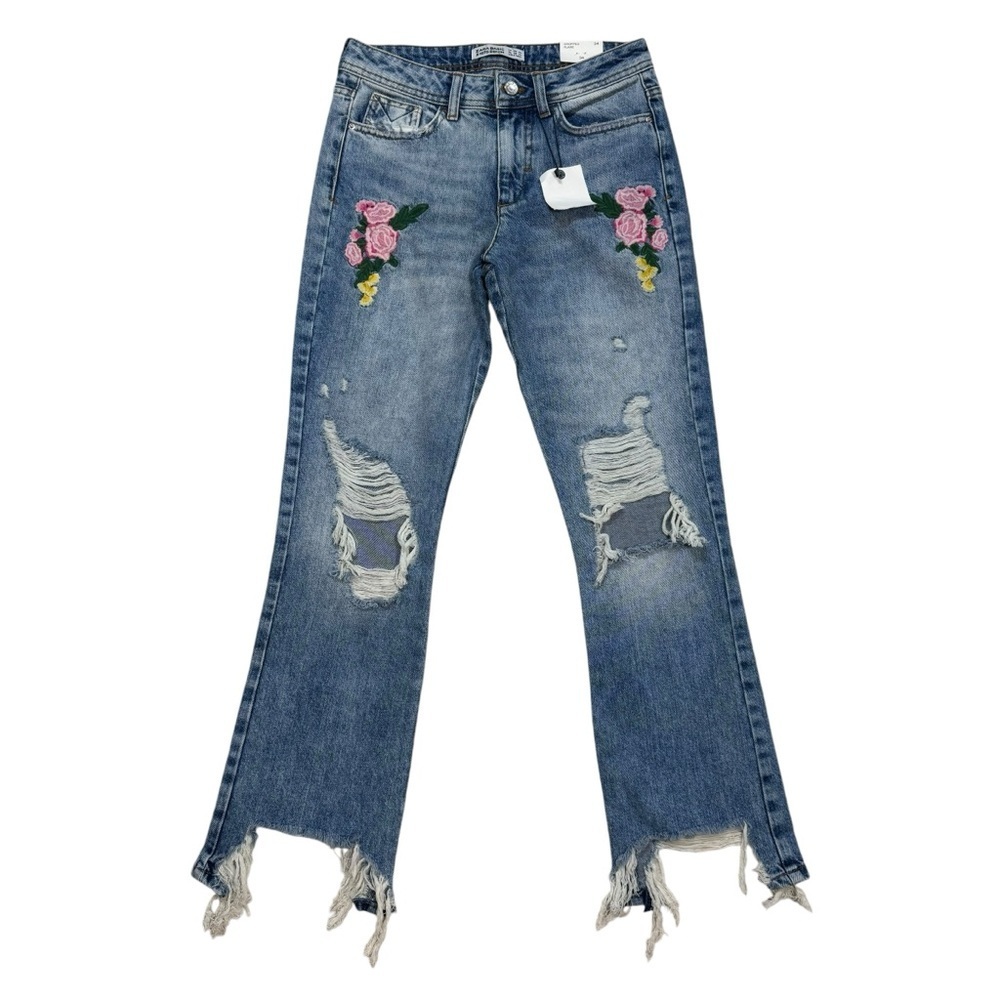 NWT New Zara Floral Embroidered Distressed Ankle Jeans Size 2